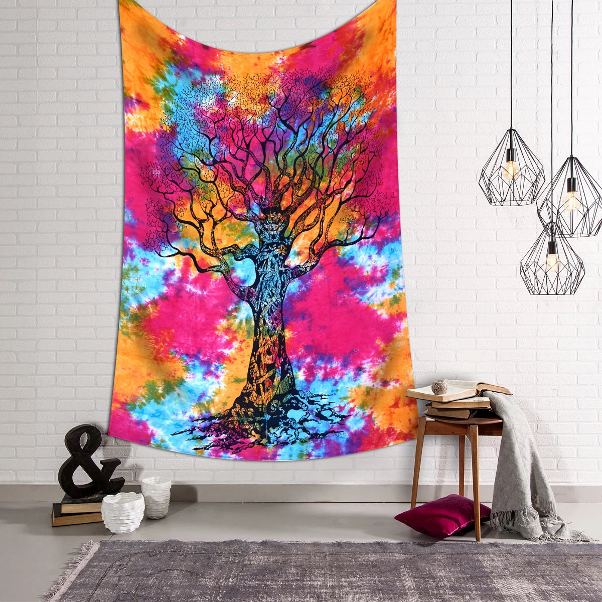 Multi Color Tree of Life Tie Dye Printed Bedsheet