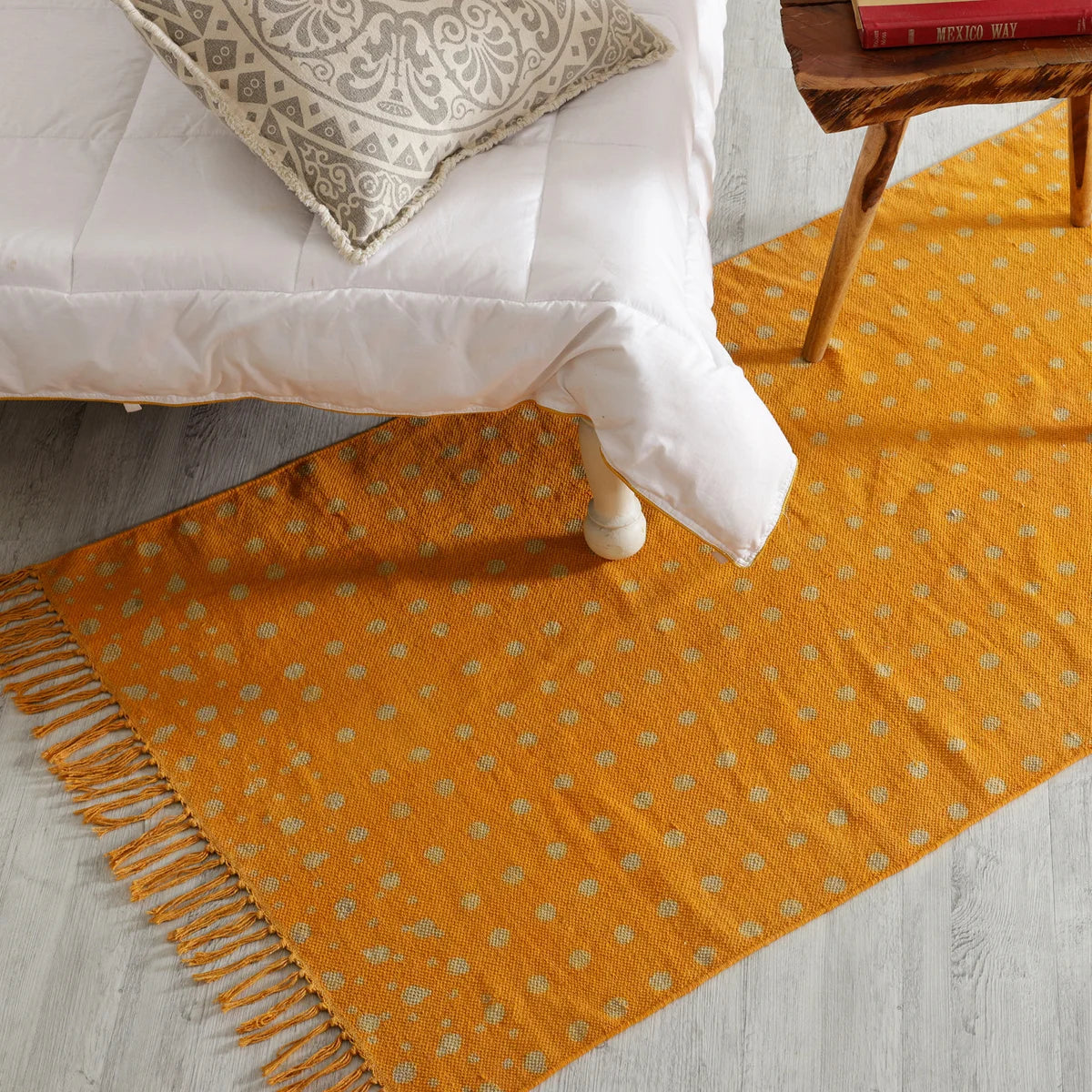 Block Printed Mustard Polka Dot Rug