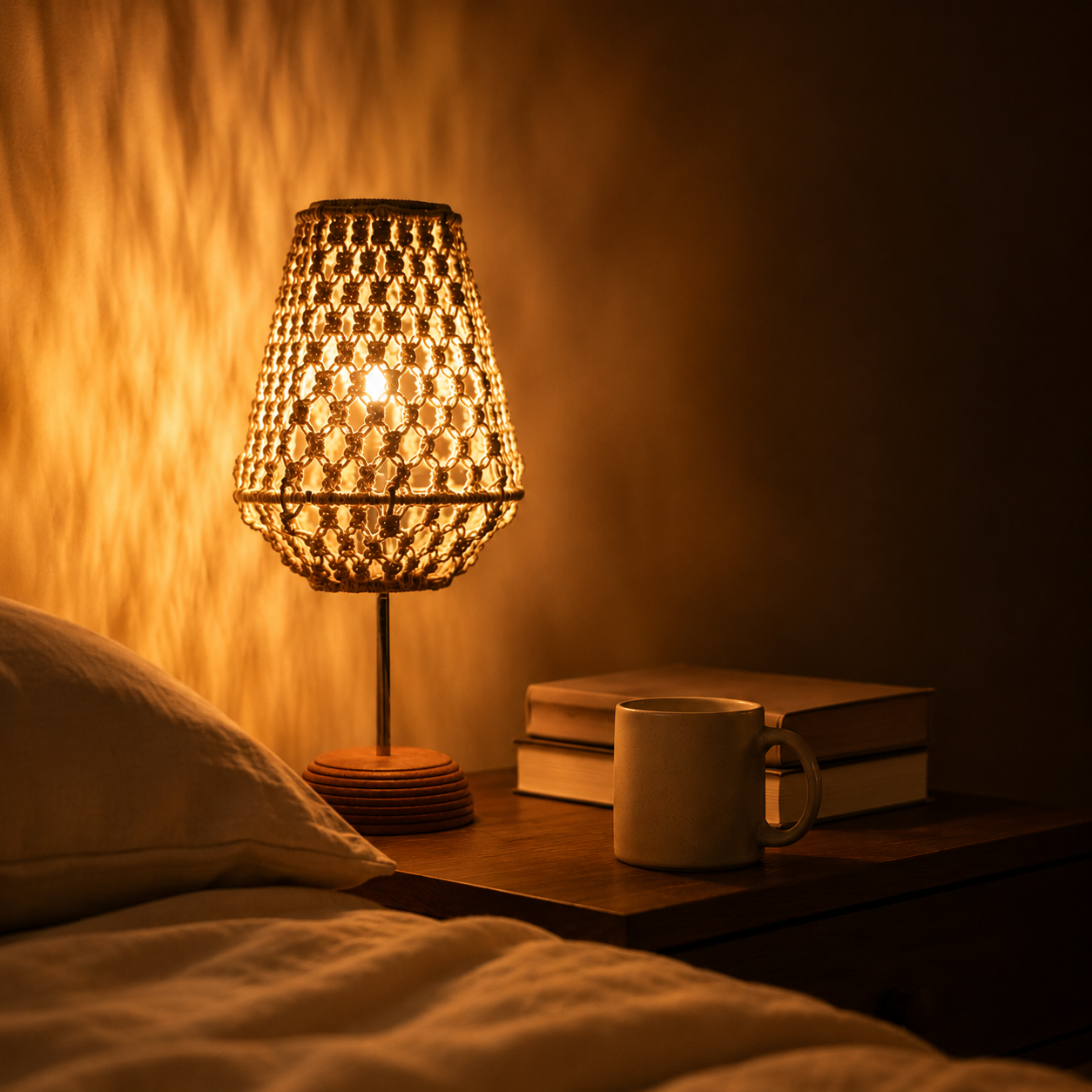 Ivory Macrame Table Lamp with Wooden Base | Handmade Cotton Rope Bedside Lamp