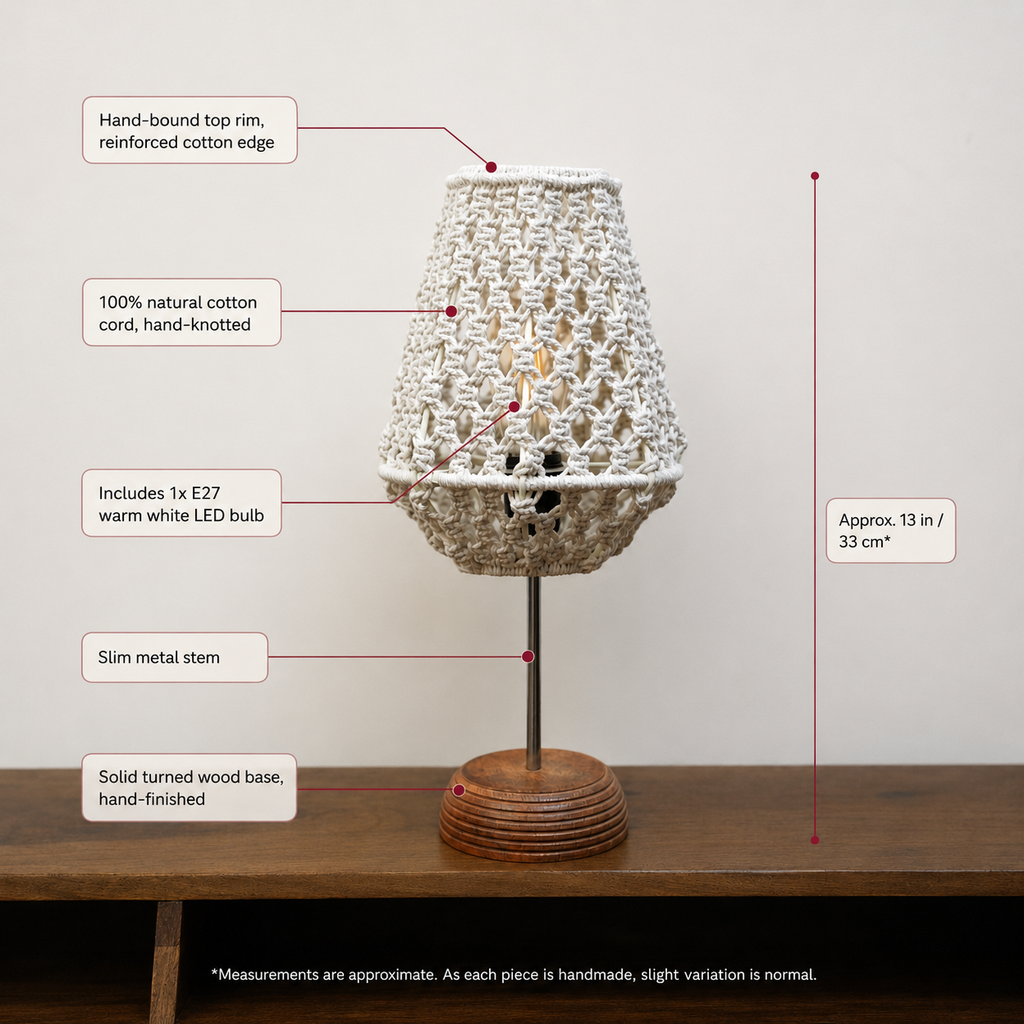 Ivory Macrame Table Lamp with Wooden Base | Handmade Cotton Rope Bedside Lamp