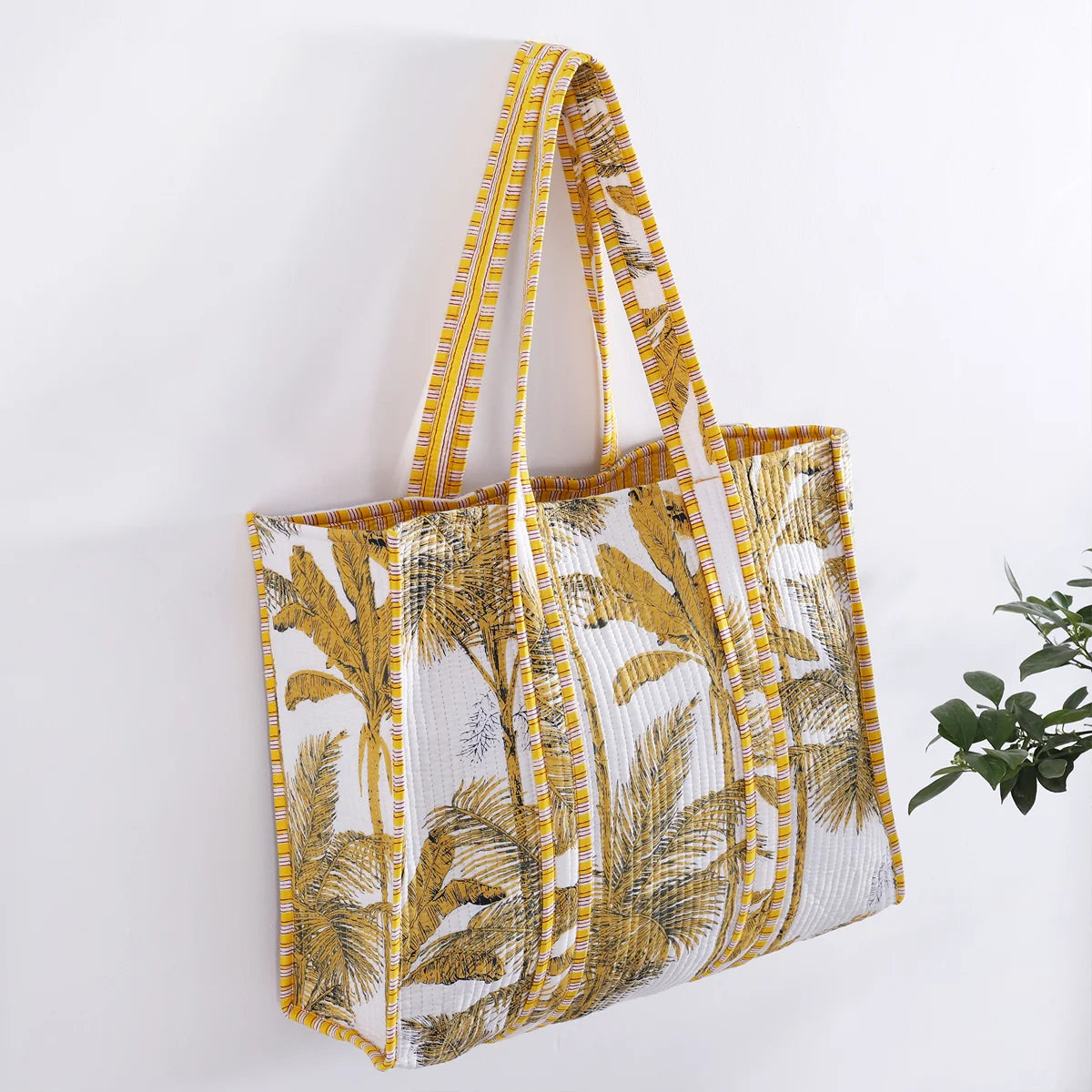 Palm Tree Print Women Yellow Tote Bag