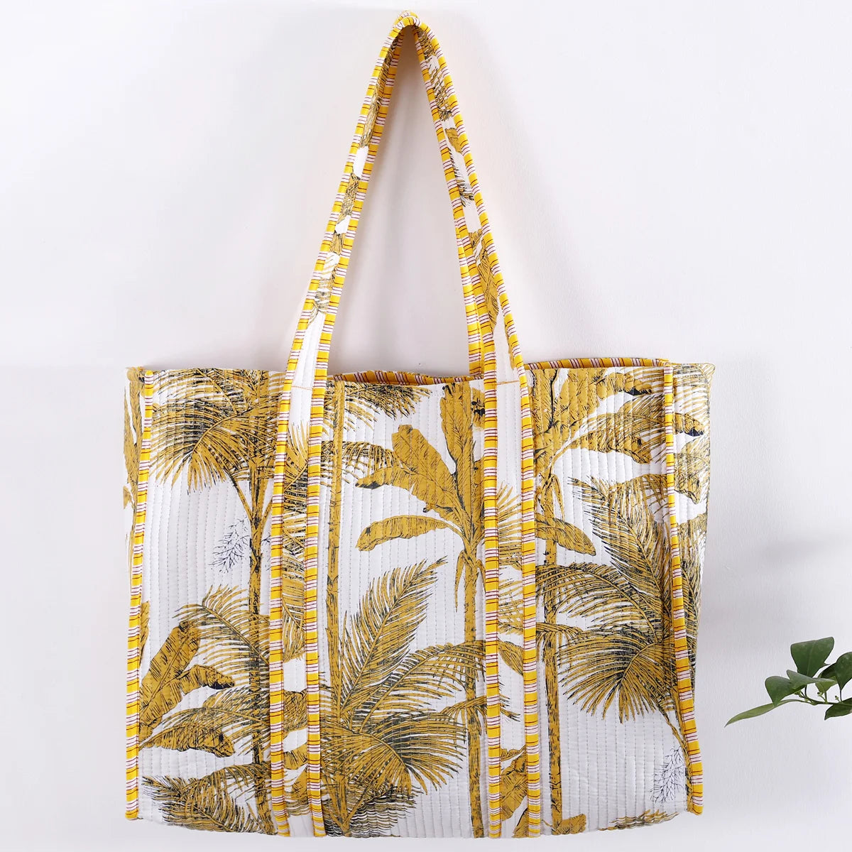 Palm Tree Print Women Yellow Tote Bag