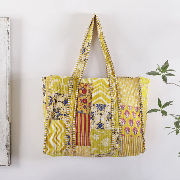 Patchwork Quilted Tote Bag Women Yellow Color Shoulder Bag