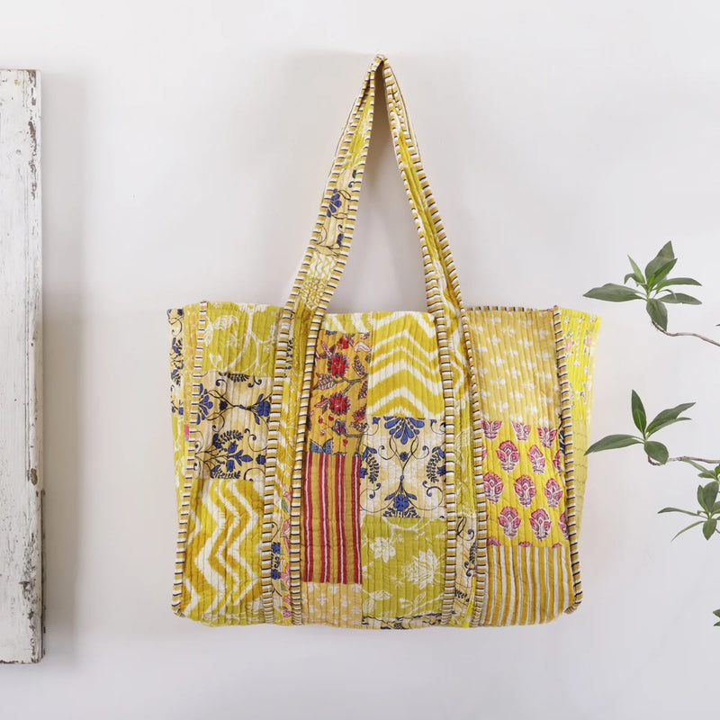 Patchwork Quilted Tote Bag Women Yellow Color Shoulder Bag