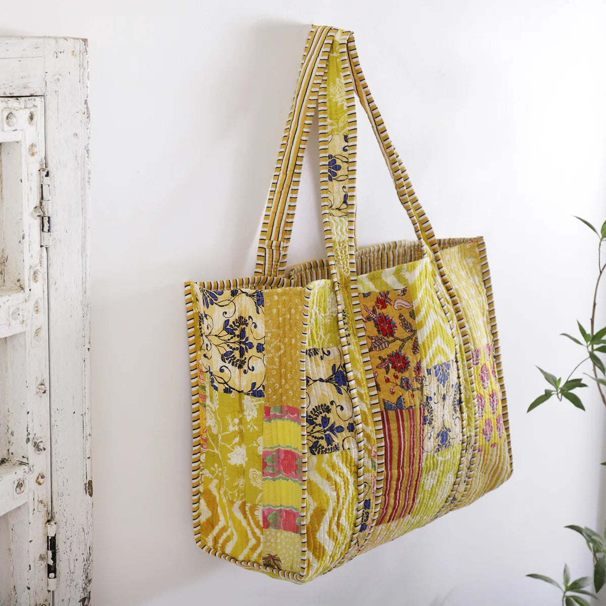 Patchwork Quilted Tote Bag Women Yellow Color Shoulder Bag