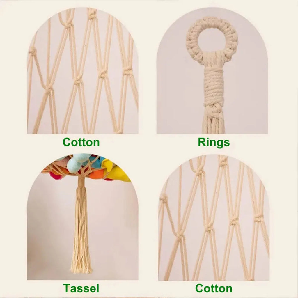 Ivory macrame toy hammock styled in a kids room