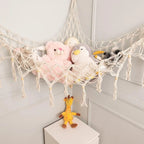 White macrame toy hammock with wooden beads