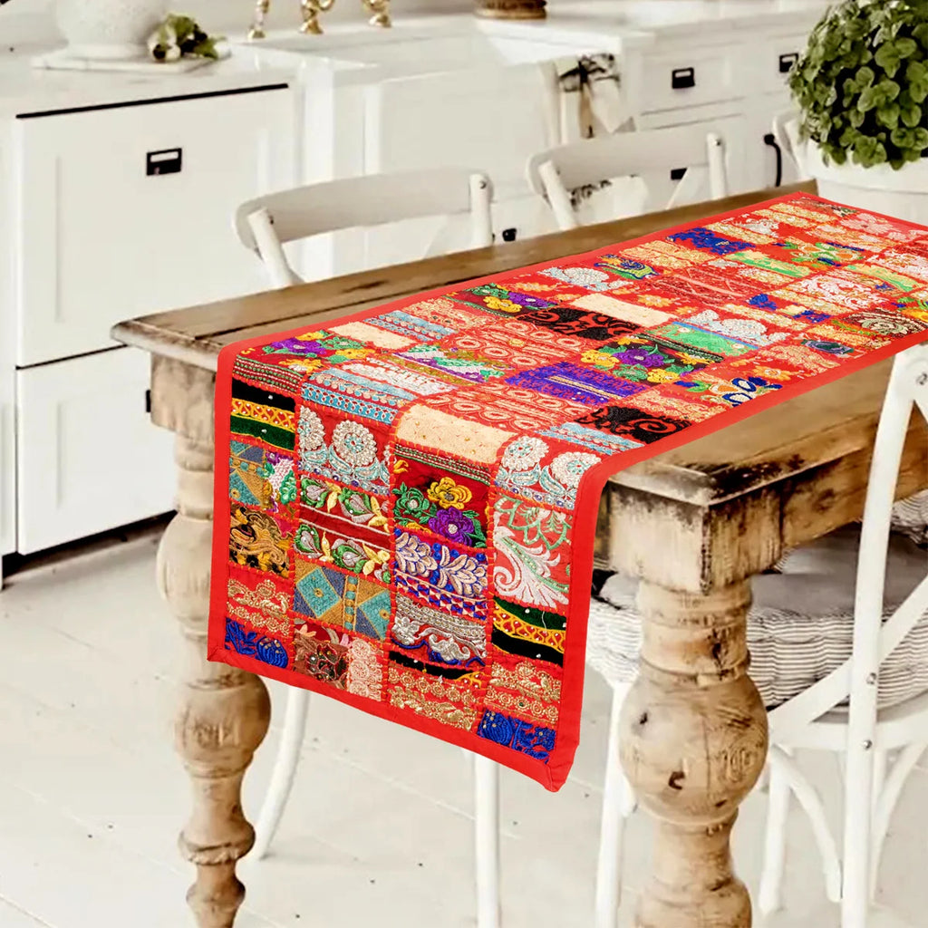 Red Khambadiya Wall Hanging, Decor Embroidered Table Runner