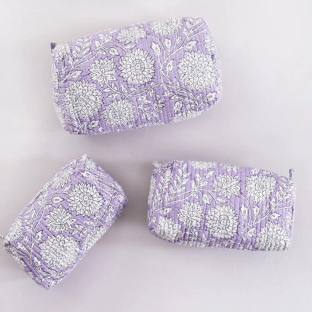 Set of 3 Pc Purple Floral Print Cotton Toiletry Bags