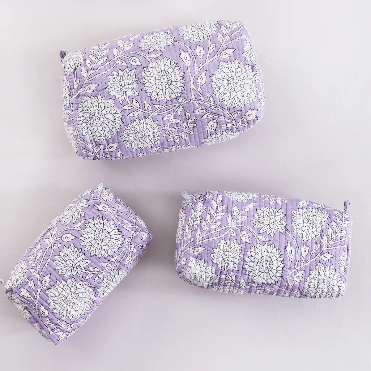 Set of 3 Pc Purple Floral Print Cotton Toiletry Bags