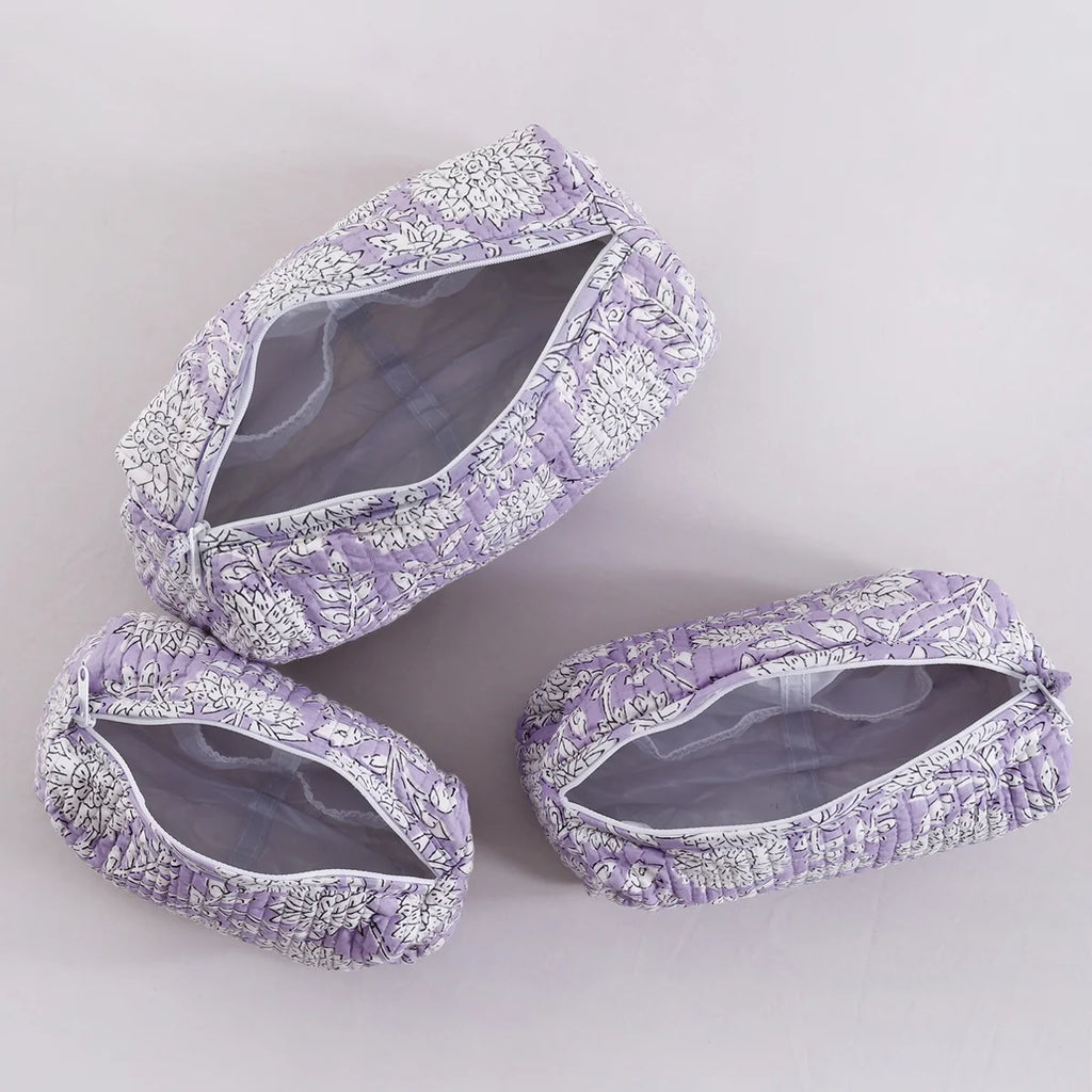 Set of 3 Pc Purple Floral Print Cotton Toiletry Bags