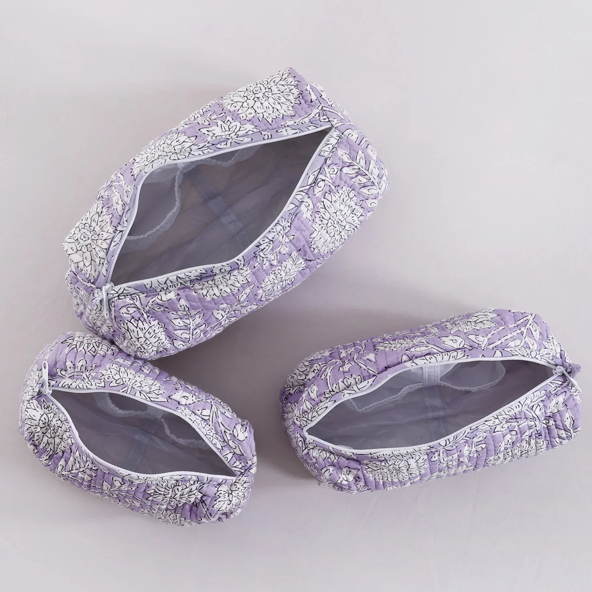Set of 3 Pc Purple Floral Print Cotton Toiletry Bags