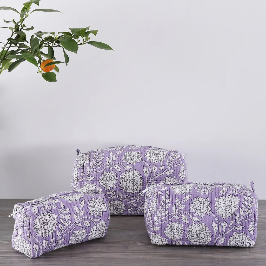 Set of 3 Pc Purple Floral Print Cotton Toiletry Bags
