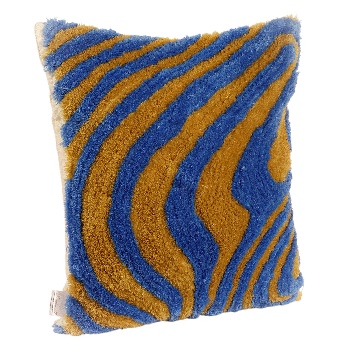 Multicolor hand-tufted cushion cover side view showing texture