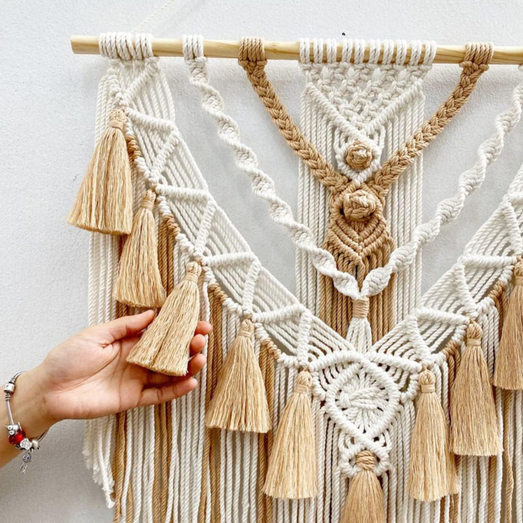 Boho Macrame Beautiful Wall Tapestry in Beige - top detail close-up