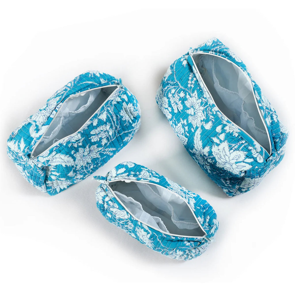 Turquoise Floral Cotton Bohemian Travel Kit Cosmetic Bag