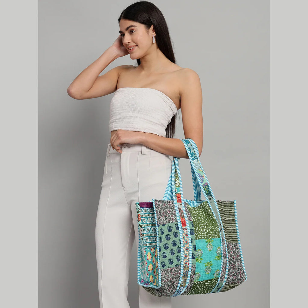 Turquoise Patchwork Handbag Pure Cotton Quilted Bag