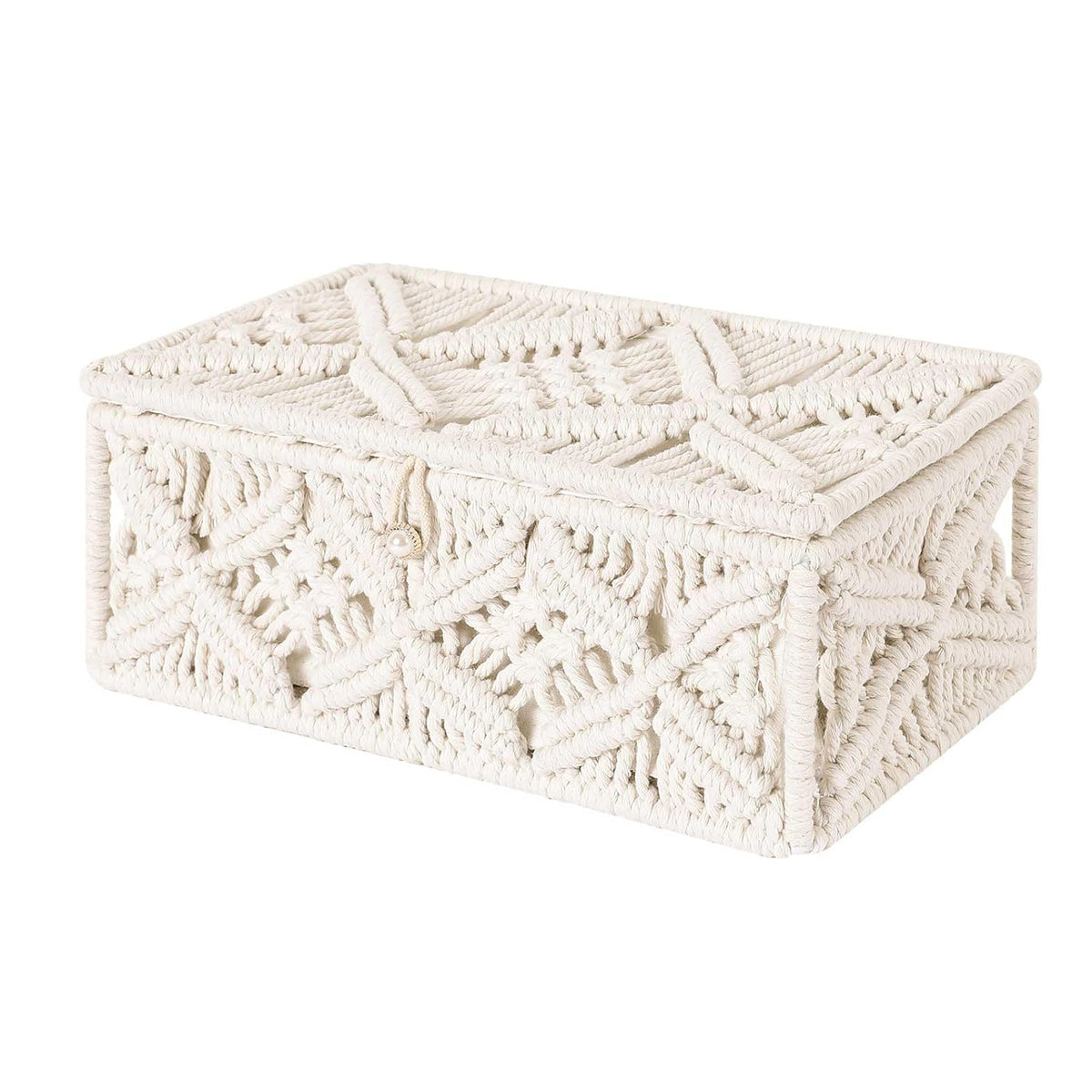 Off-white macrame storage box with lid closed