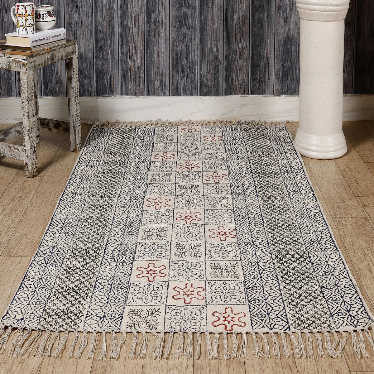 Floral Printed Traditional Floor Mat White Rug