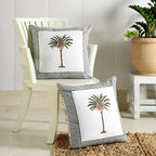 White Home Decorative Palm Block Printed Cotton Cushion Cover Set Of 2