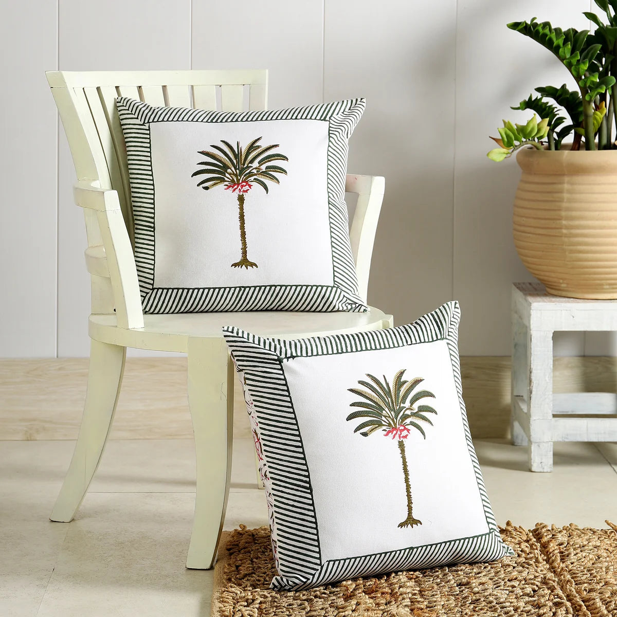 White Home Decorative Palm Block Printed Cotton Cushion Cover Set Of 2