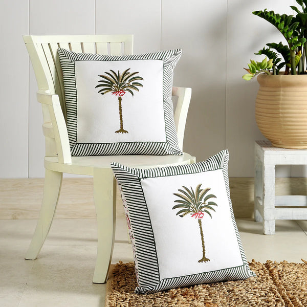 White Home Decorative Palm Block Printed Cotton Cushion Cover Set Of 2