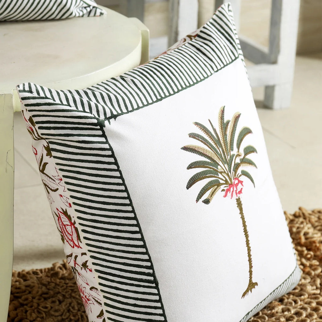 White Home Decorative Palm Block Printed Cotton Cushion Cover Set Of 2