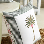 White Home Decorative Palm Block Printed Cotton Cushion Cover Set Of 2