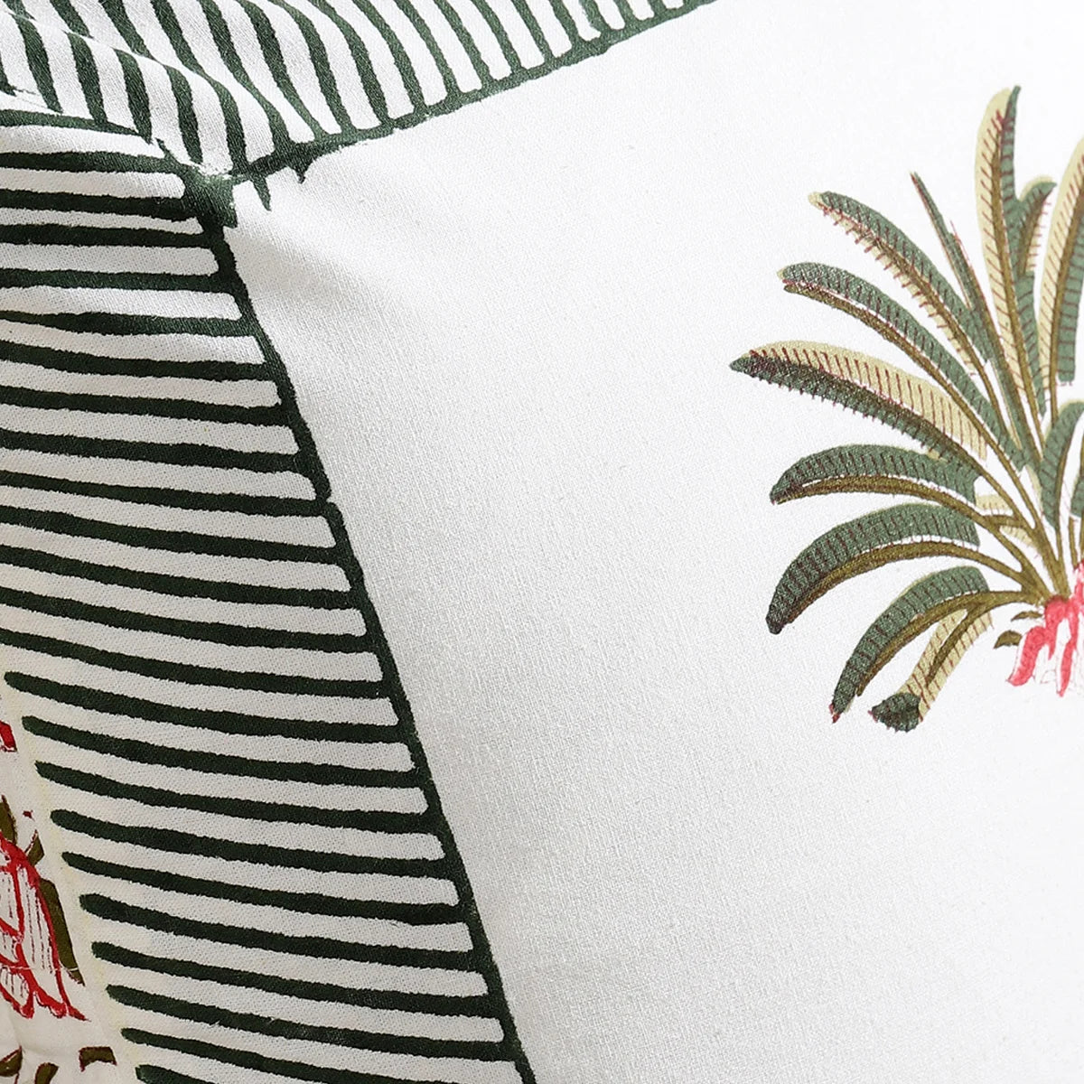 White Home Decorative Palm Block Printed Cotton Cushion Cover Set Of 2