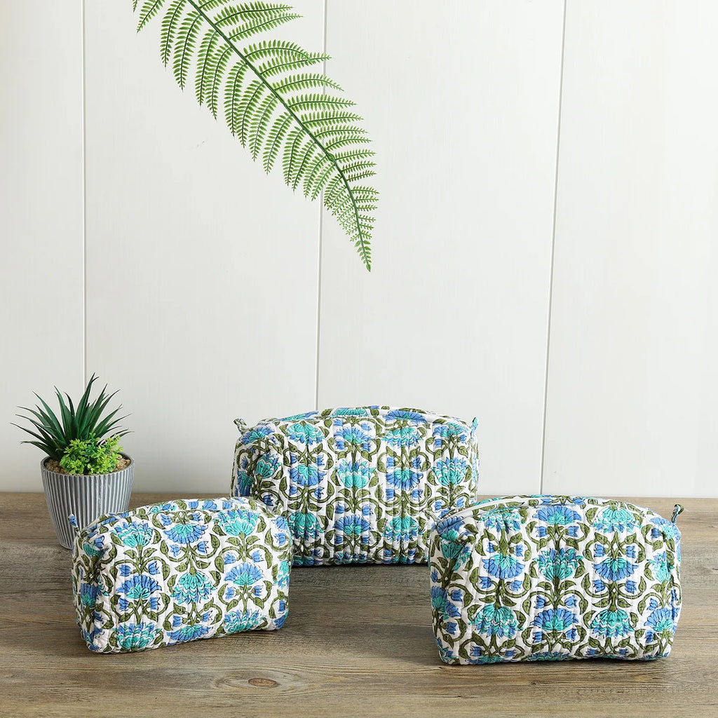 White Travel Cosmetic Makeup Bag Cotton Floral Design Pouch