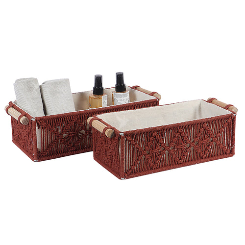 Brown macrame storage baskets holding household items