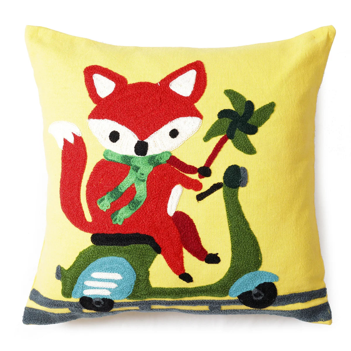 Yellow Embroidery Riding RedFox Cushion Cover