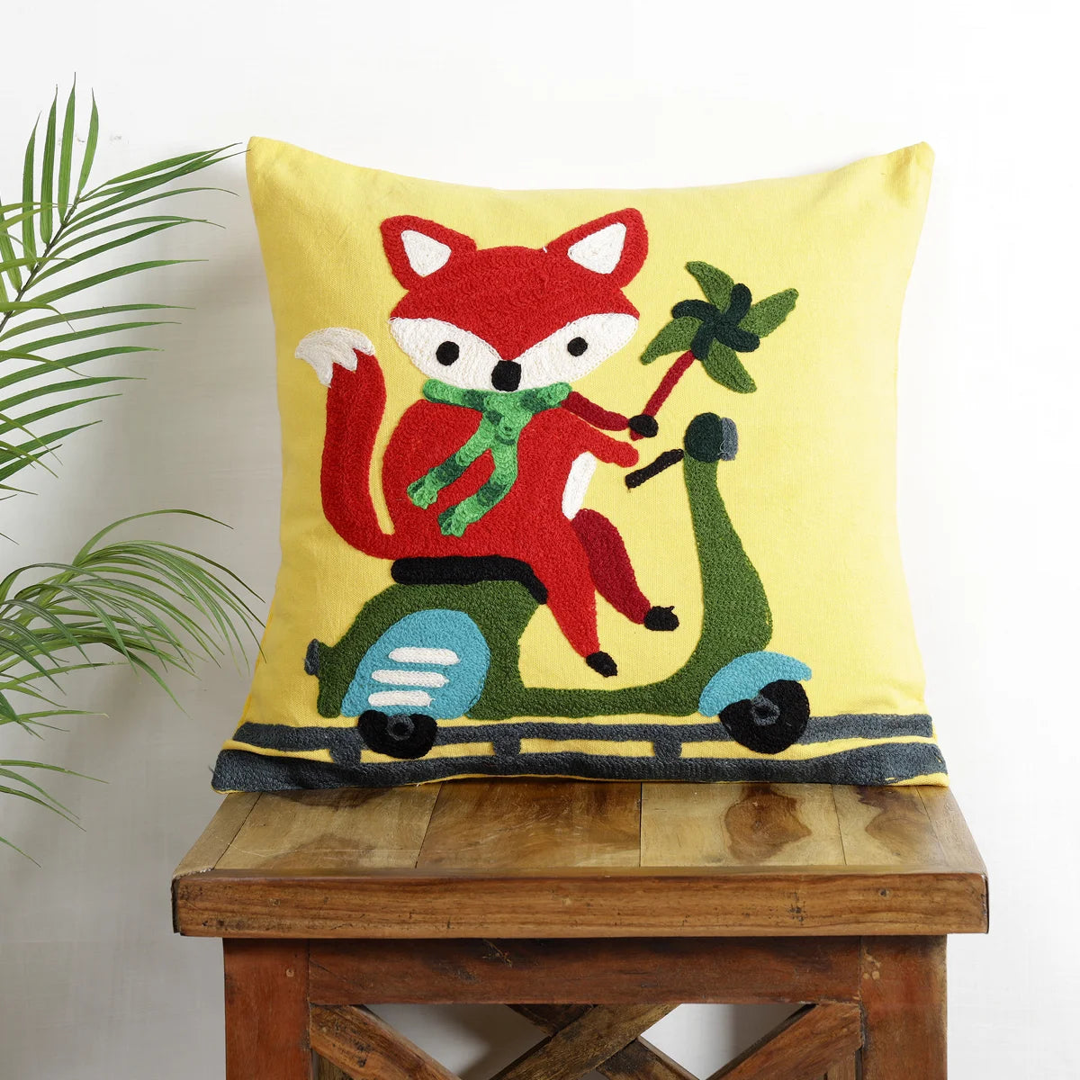 Yellow Embroidery Riding RedFox Cushion Cover