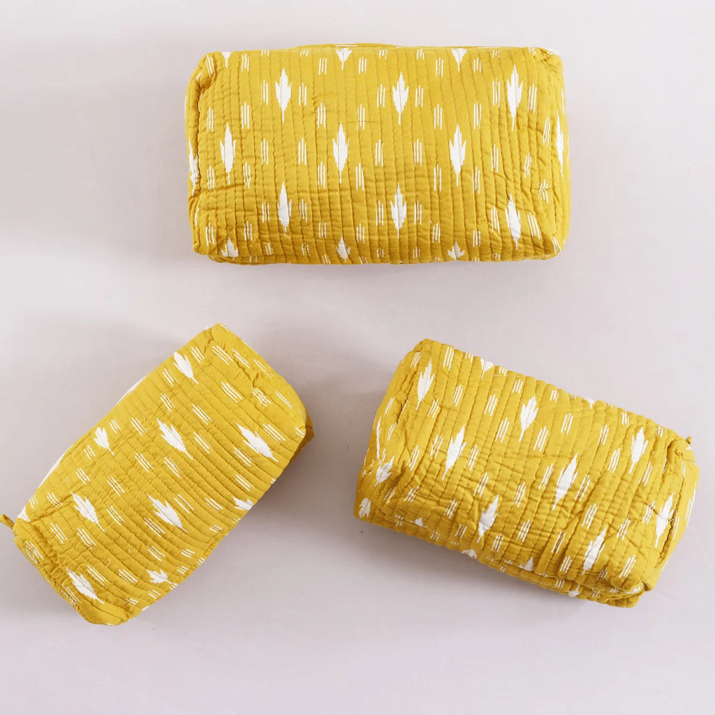 Yellow Ikat Printed Cotton Toiletry Bags For Waterproof