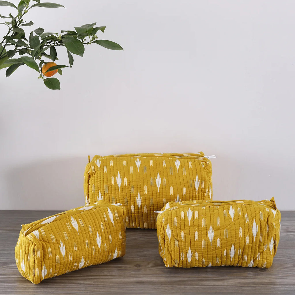 Yellow Ikat Printed Cotton Toiletry Bags For Waterproof