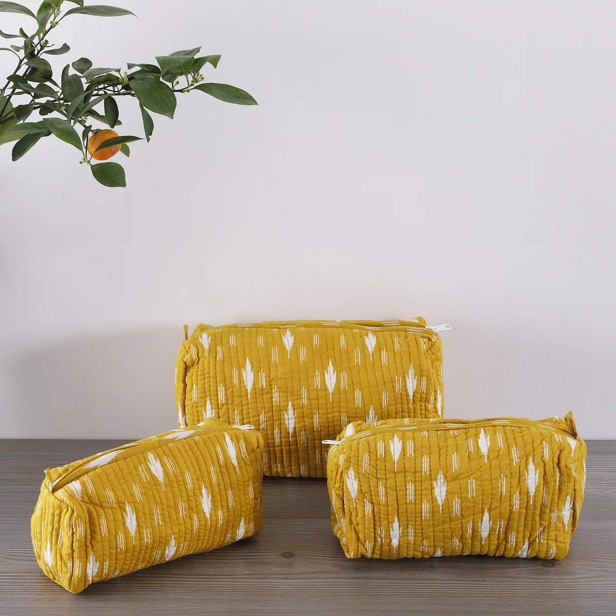 Yellow Ikat Printed Cotton Toiletry Bags For Waterproof